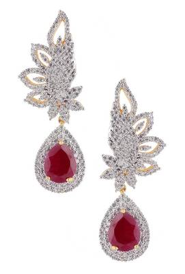 american diamond CZ ruby red leaf rhodium festive cluster earring 1
