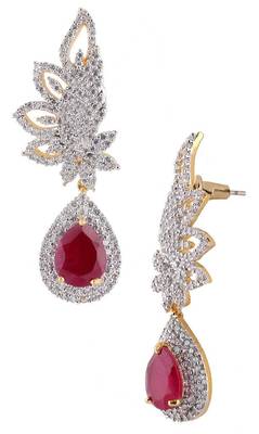 american diamond CZ ruby red leaf rhodium festive cluster earring 2