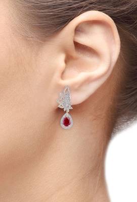 american diamond CZ ruby red leaf rhodium festive cluster earring 3