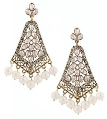 kudan look american diamond pearl long chandelier gold plat earring 1