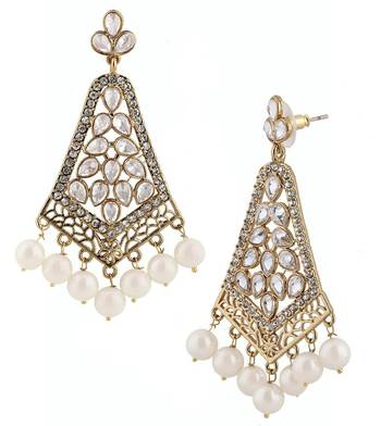 kudan look american diamond pearl long chandelier gold plat earring 2