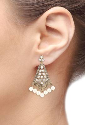 kudan look american diamond pearl long chandelier gold plat earring 3