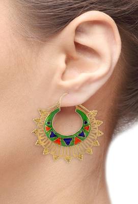 designer green meena large antique gold plated chaand bali earring 3