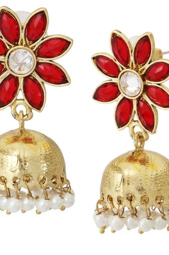 deep red floral 22k gold plated jhumki earring for women