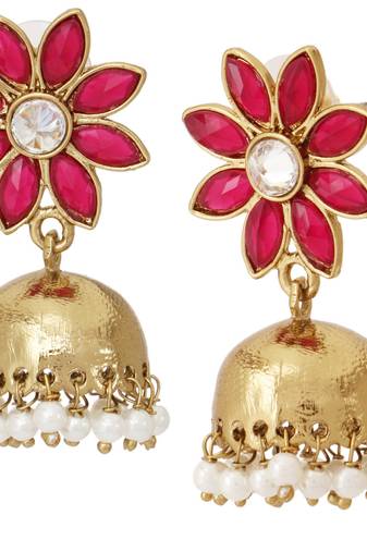 reddish pink  floral 22k gold plated jhumki earring for women