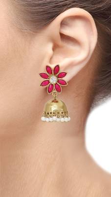 reddish pink  floral 22k gold plated jhumki earring for women 3