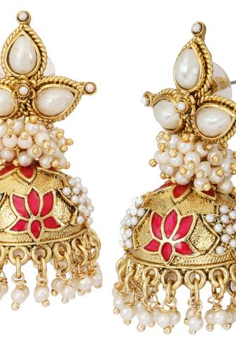 red meenakari lotus pearl jhumki earring for women