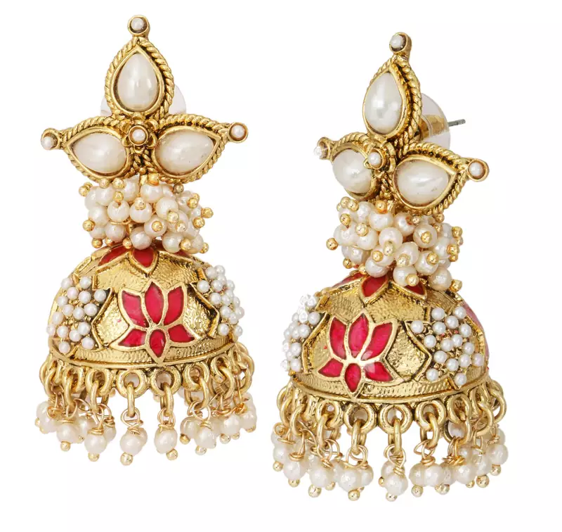 red meenakari lotus pearl jhumki earring for women