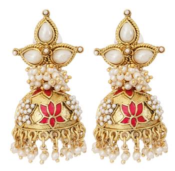 red meenakari lotus pearl jhumki earring for women 2