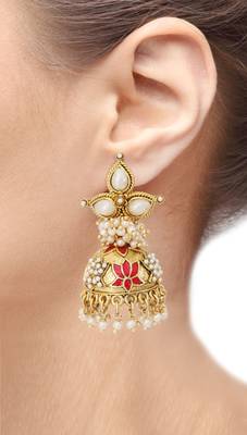red meenakari lotus pearl jhumki earring for women 3