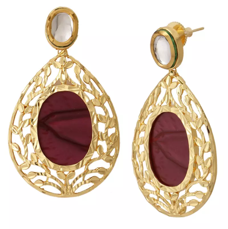 18k Gold Plated Purple Mauve Stone Kundan Dangling Earring For Women