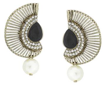 Filigree Crescent Antique Rhodium Black CZ Pearl Earring for Women 1