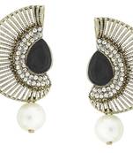 Filigree Crescent Antique Rhodium Black CZ Pearl Earring for Women