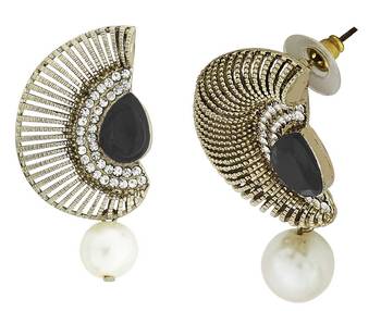 Filigree Crescent Antique Rhodium Black CZ Pearl Earring for Women 2