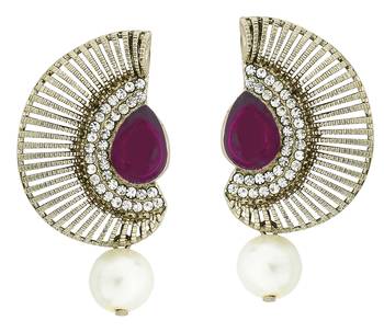 Filigree Crescent Antique Rhodium Purple CZ Pearl Earring for Women 1