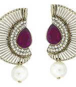 Filigree Crescent Antique Rhodium Purple CZ Pearl Earring for Women