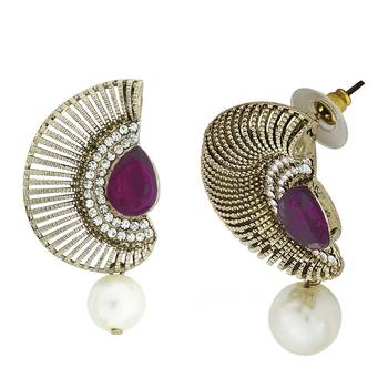 Filigree Crescent Antique Rhodium Purple CZ Pearl Earring for Women 2