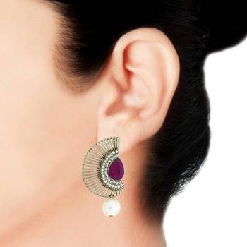 Filigree Crescent Antique Rhodium Purple CZ Pearl Earring for Women 3