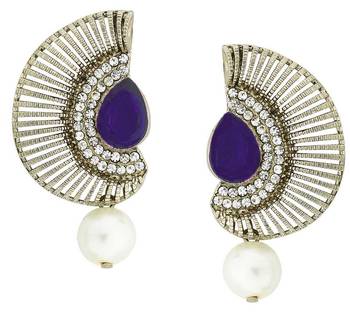 Filigree Crescent Antique Rhodium Blue CZ Pearl Earring for Women 1