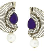 Filigree Crescent Antique Rhodium Blue CZ Pearl Earring for Women