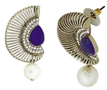 Filigree Crescent Antique Rhodium Blue CZ Pearl Earring for Women 2