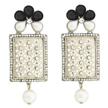 Designer American Diamond Black Pearl Rhodium Long Earring for Women 1