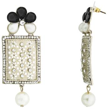 Designer American Diamond Black Pearl Rhodium Long Earring for Women 2