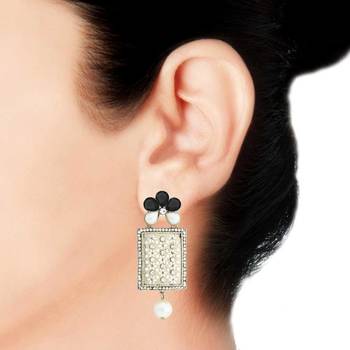 Designer American Diamond Black Pearl Rhodium Long Earring for Women 3