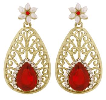 Pear Flower Filigree Antique Rhodium Pearl Red Earring for Women 1