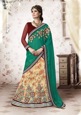 Cream Embroidered Net Unstitched Navratri  Lehenga  Chaniya  Choli 1