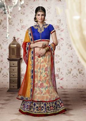 Cream Embroidered Net And Dew Drop Unstitched Navratri Lehenga Chaniya Choli 1