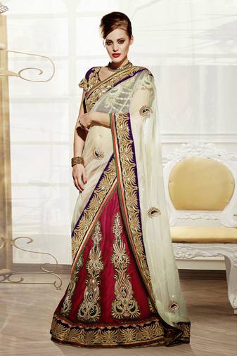 Shaded Red Embroidered Net And Satin Unstitched Navratri Lehenga Chaniya Choli