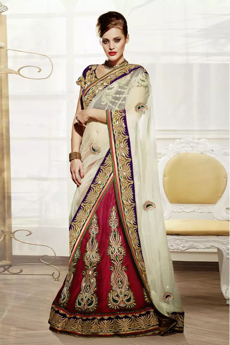 Shaded Red Embroidered Net And Satin Unstitched Navratri Lehenga Chaniya Choli