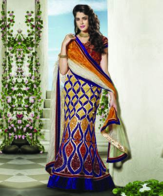 Beige Embroidered Net Unstitched Navratri Lehenga Chaniya Choli 1