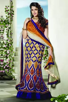 Beige Embroidered Net Unstitched Navratri Lehenga Chaniya Choli