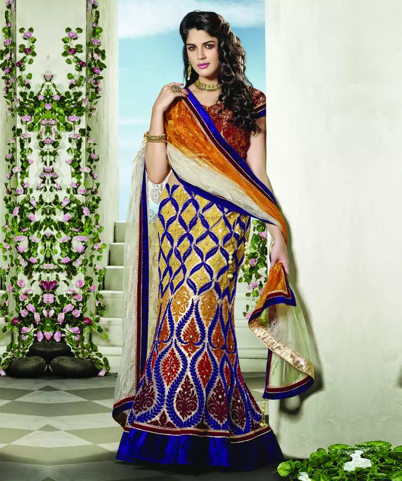 Beige Embroidered Net Unstitched Navratri Lehenga Chaniya Choli