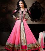 Black and pink net embroidered semi stitched salwar with dupatta