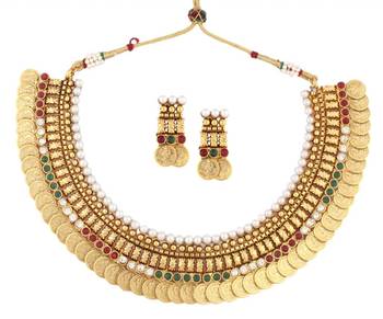 gold plated pearl red green intricate necklace earring temple set 1