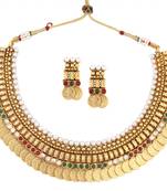 gold plated pearl red green intricate necklace earring temple set