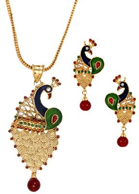 Filigree Peacock Gold Plated Meenakari Pendant Chain Earring Set for Women 1