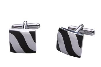 Wave Stripe Square Black Silver Enamel Rhodium Plated High Quality Brass Cufflink Pair for Men 1