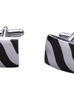 Wave Stripe Square Black Silver Enamel Rhodium Plated High Quality Brass Cufflink Pair for Men