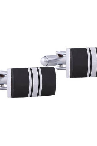 Stripes Rectangle Black Silver Enamel Rhodium Plated High Quality Brass Cufflink Pair for Men