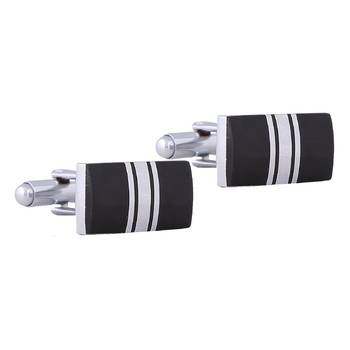 Stripes Rectangle Black Silver Enamel Rhodium Plated High Quality Brass Cufflink Pair for Men 1