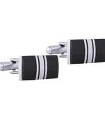 Stripes Rectangle Black Silver Enamel Rhodium Plated High Quality Brass Cufflink Pair for Men