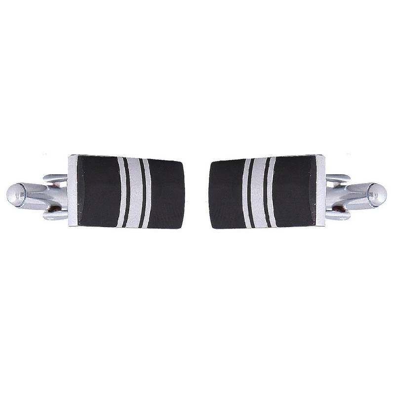 Stripes Rectangle Black Silver Enamel Rhodium Plated High Quality Brass Cufflink Pair for Men