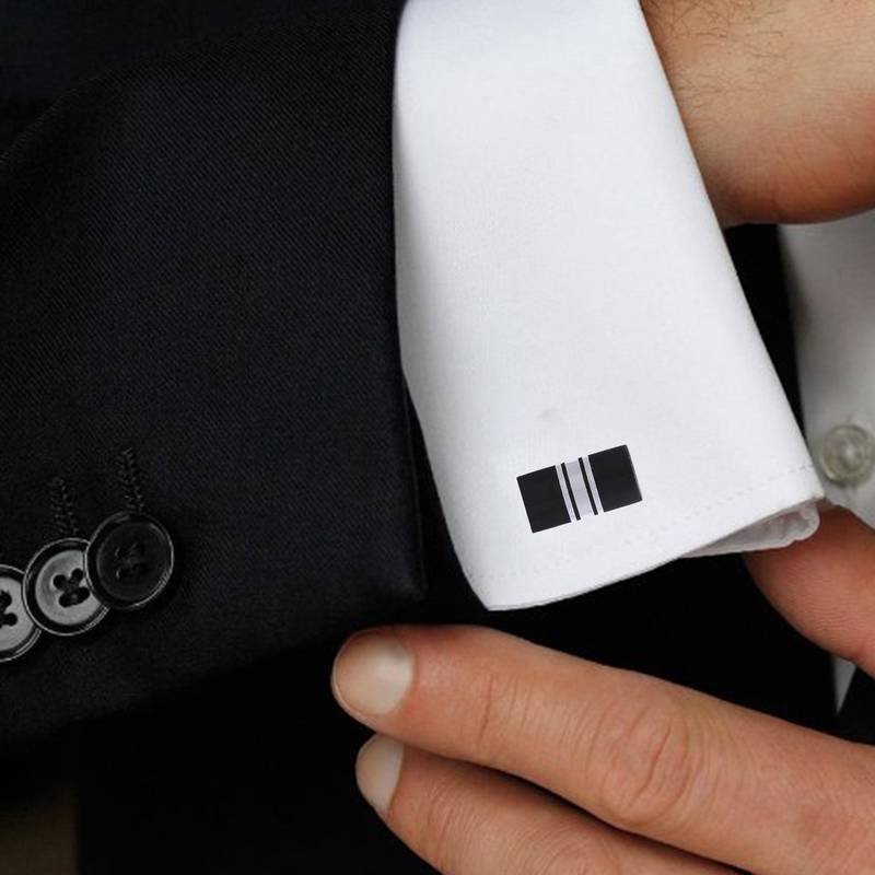 Stripes Rectangle Black Silver Enamel Rhodium Plated High Quality Brass Cufflink Pair for Men