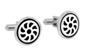 Wheel Black Round Rhodium Plated Brass Cufflink Pair for Men 1