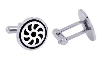 Wheel Black Round Rhodium Plated Brass Cufflink Pair for Men 2