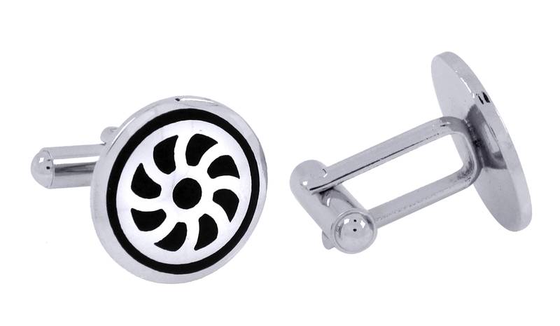 Wheel Black Round Rhodium Plated Brass Cufflink Pair for Men